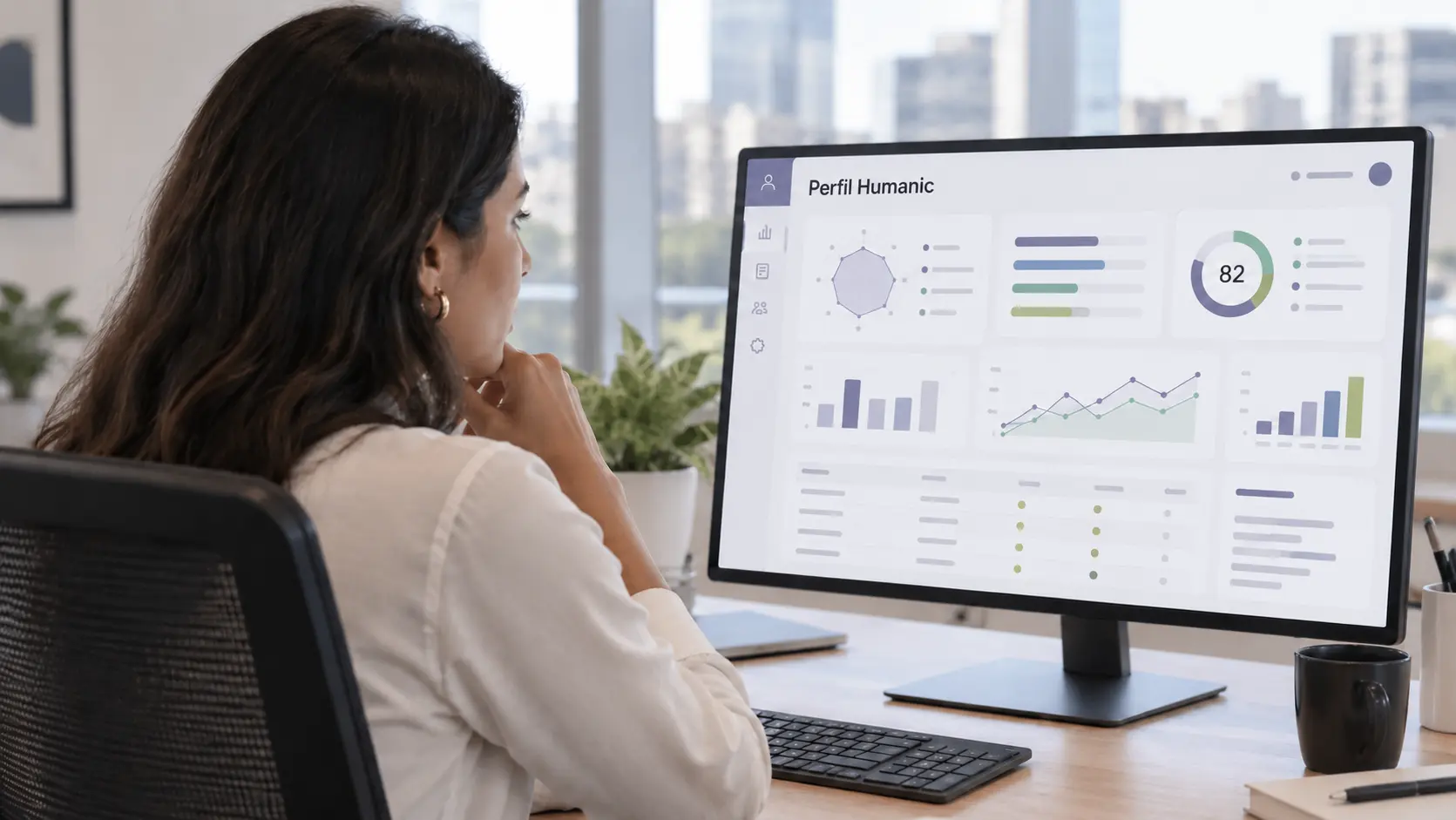 Profissional analisando gráficos e informações do Perfil Humanic em um monitor