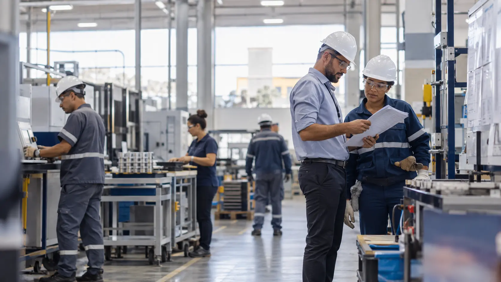 Profissionais acompanhando a organização do trabalho em ambiente industrial